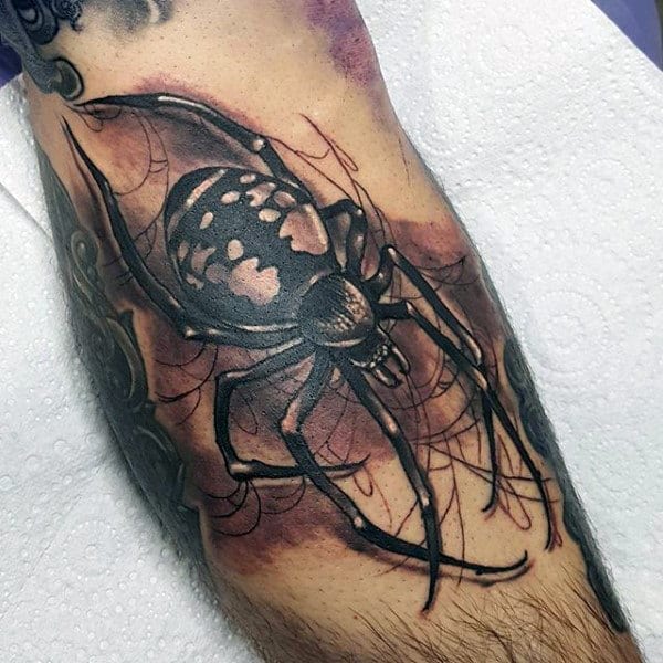 Guys Spider Web Shaded Ink Realistic Arm Tattoo