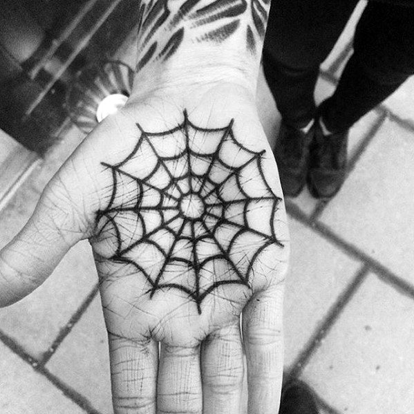 Guys Spider Web Traditional Small Creative Palm Tattoos
