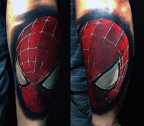Guys Spiderman Tattoo On Forearms