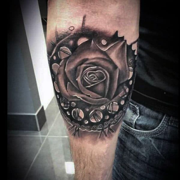 Guys Sprocket Rose Flower Inner Forearm Tattoo Designs