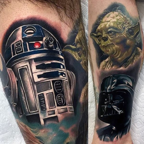 Guys Star Wars Themed Yoda Leg Tattoo Design