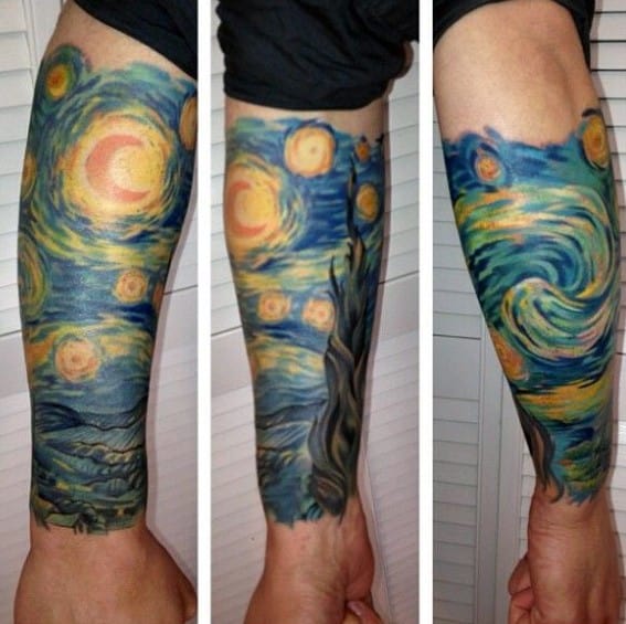 Guys Starry Night Forearm Sleeve Tattoo Ideas