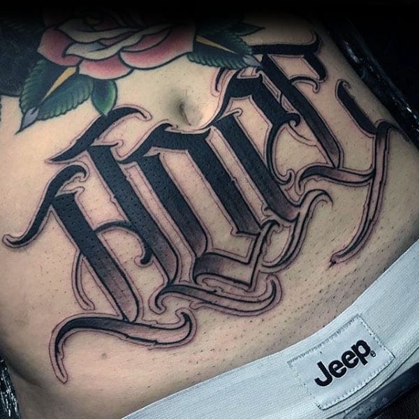 Guys Stomach Manly Lettering Hope Tattoo Designs