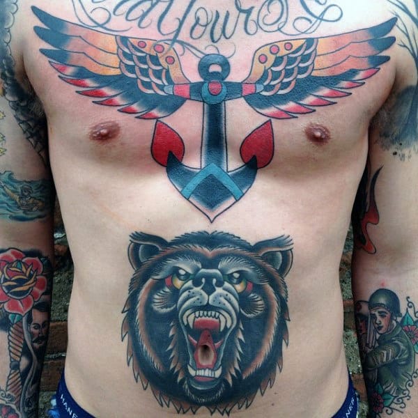 Guys Stomach Traditional Bear Tattoos