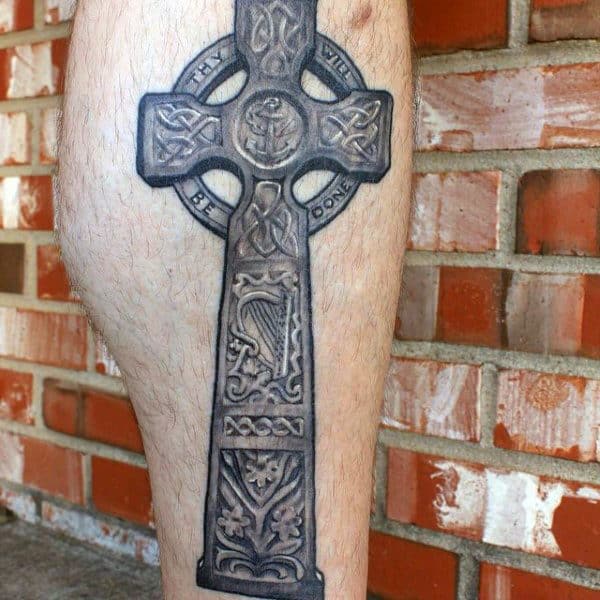 Guys Stone Celtic Cross Tattoo On Leg