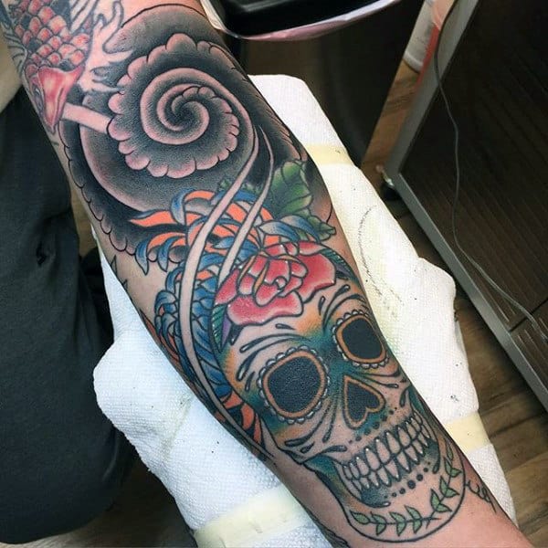 Guys Sugar Skull Sleeve Tattoo