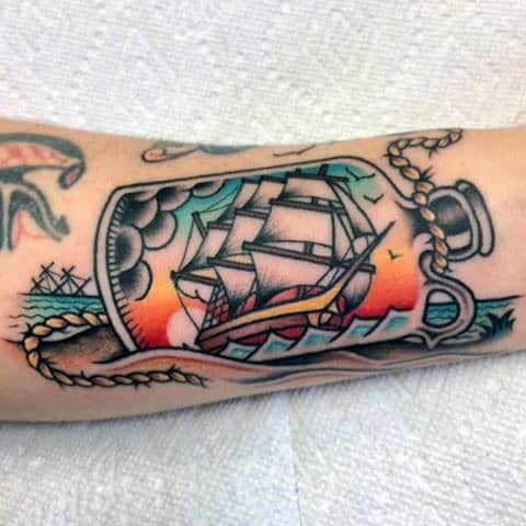 Guys Sunset Ship In A Bottle Traditional Outer Forearm Tattoo Inspiration