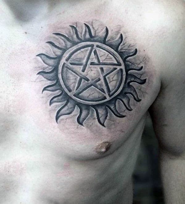 Guys Supernatural Anti Possession Tattoo Design On Chest