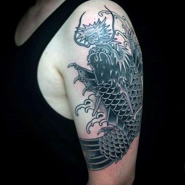 Guys Swimming Japanese Koi Dragon Tattoo On Arm