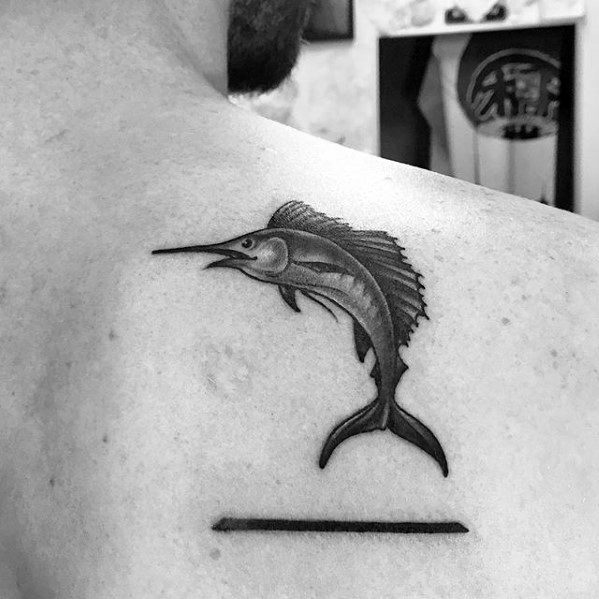 Guys Swordfish With Line Shoulder Tattoo Designs