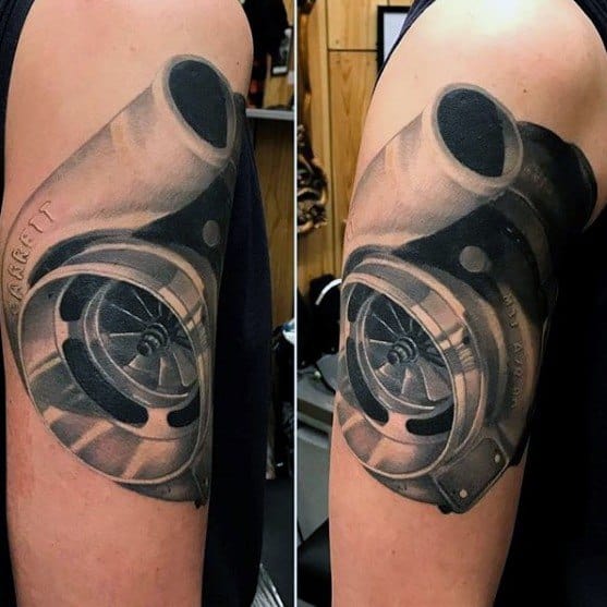 Guys Tattoo Cover Up Ideas Arm With Realistic Turbo Design