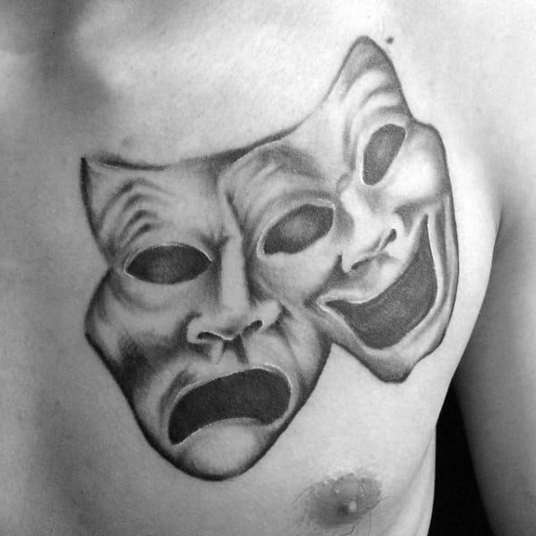 Guys Tattoo Ideas Drama Mask Designs Shaded Upper Chest