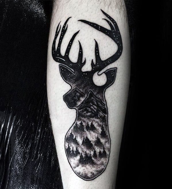 Guys Tattoo Ideas Incredible Deer Head With Mountains And Forest Designs On Leg