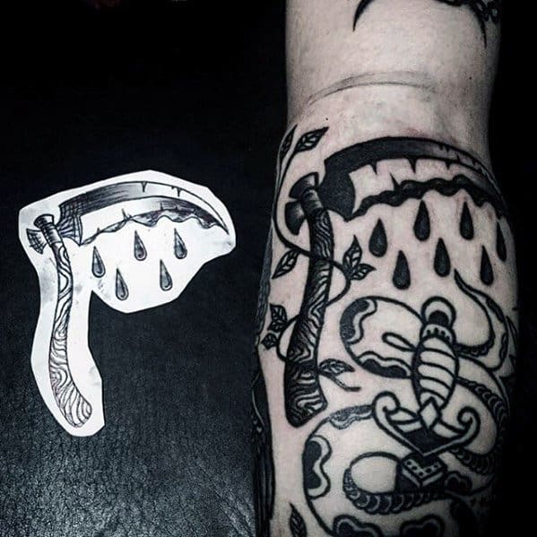 Guys Tattoo Ideas Scythe Designs On Leg Calf