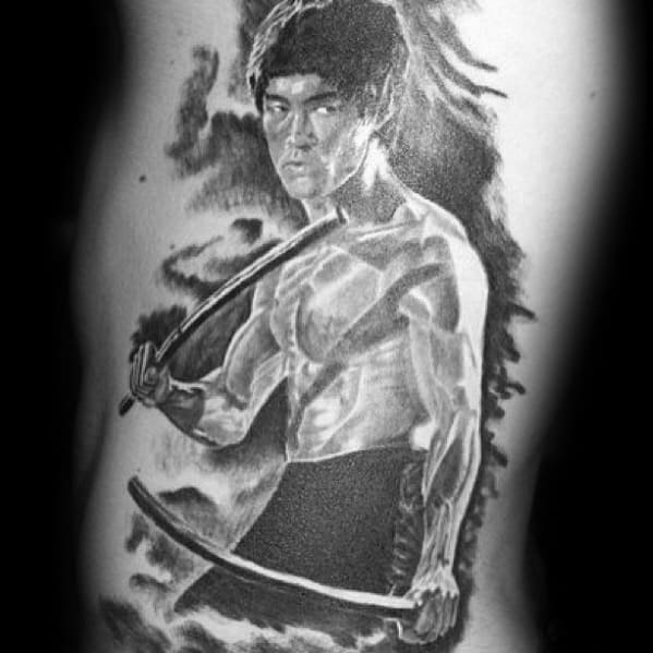 Guys Tattoo Ideas Shaded Rib Cage Side Bruce Lee Designs