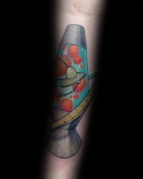 Playful lava lamp tattoo featuring orange wax and a UFO, great for men's quirky and fun tattoo ideas.