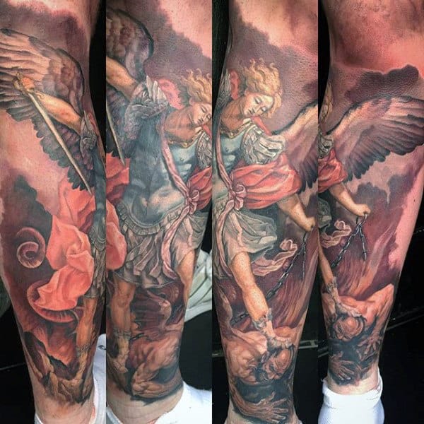 Guy's Tattoo Of Micheal The Archangel Leg Sleeve