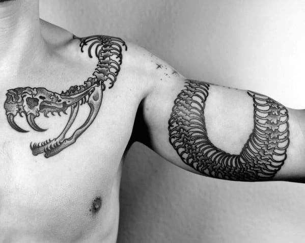 Guys Tattoo On Arm On Chest Shoulder Snake Skeleton