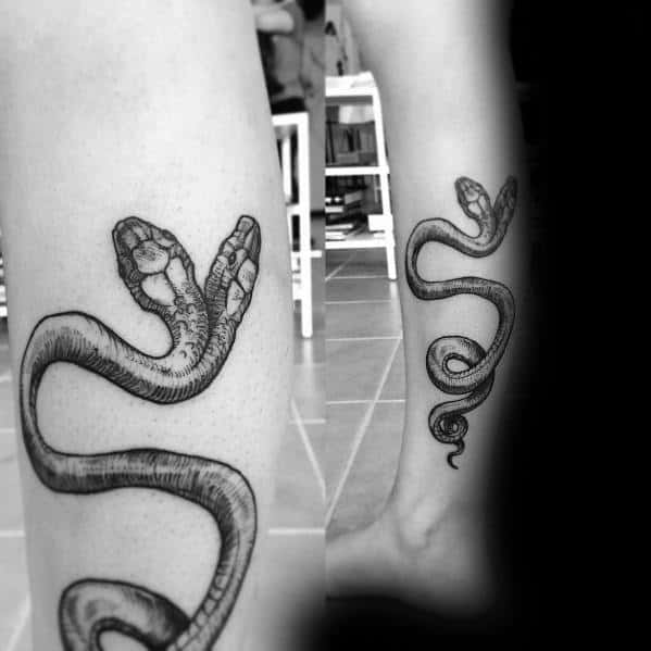 Guys Tattoo Two Headed Snake On Leg