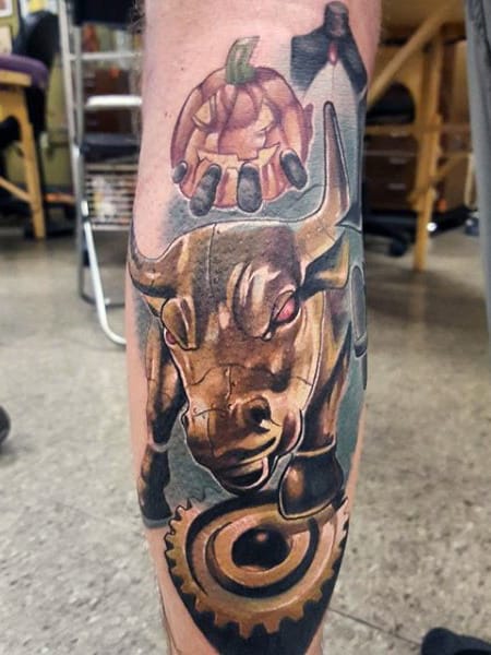Guy's Tattoos Bulls On Leg Calf