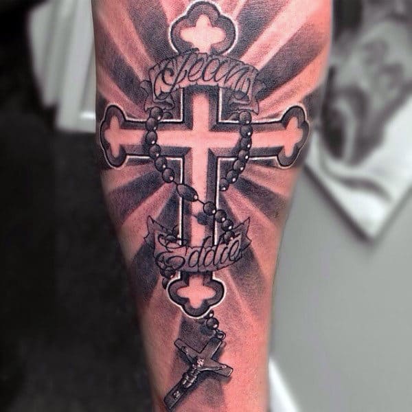 Guys Tattoos Of Rosary Beads Inner Forearm With Negative Space Cross