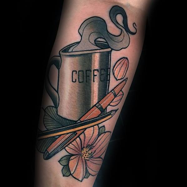 Guys Tattoos On Forearm With Pencil And Coffee Cup Design