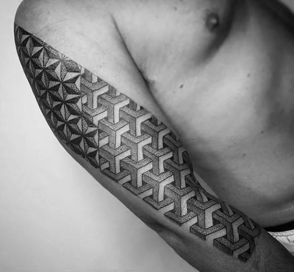 Guys Tattoos With 3d Geometric Arm Design