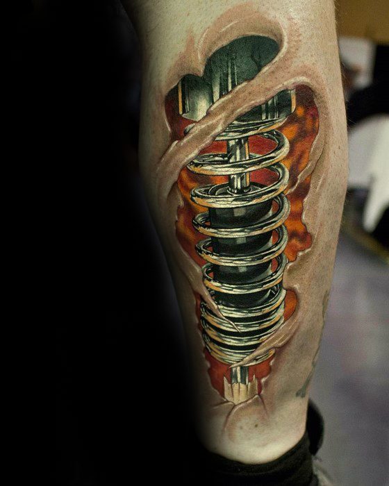 Iron Skull Shock Absorber 3D Ripped Skin Tattoo Design On Men Leg –  Truetattoos