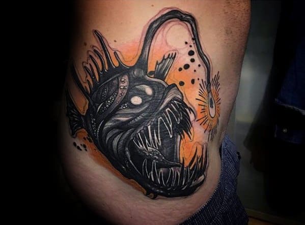 Guys Tattoos With Angler Fish Design Rib Cage Side
