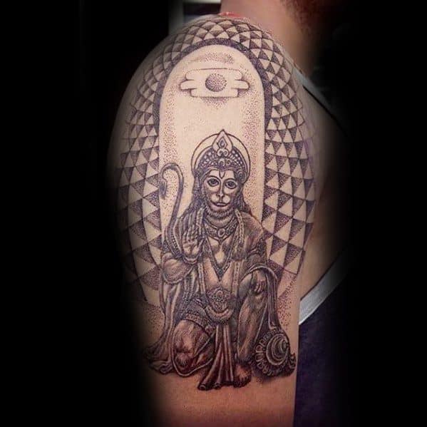 Guys Tattoos With Hanuman Design Geometric Half Sleeve