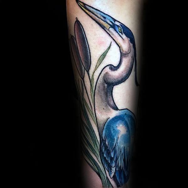 Guys Tattoos With Heron Design On Forearm