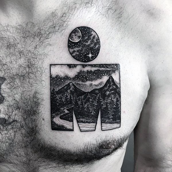 Guys Tattoos With Incredible Iron Man Night Sky Nature Design On Chest