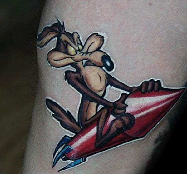 Guys Tattoos With Looney Tunes Wile E Coyote Arm Design