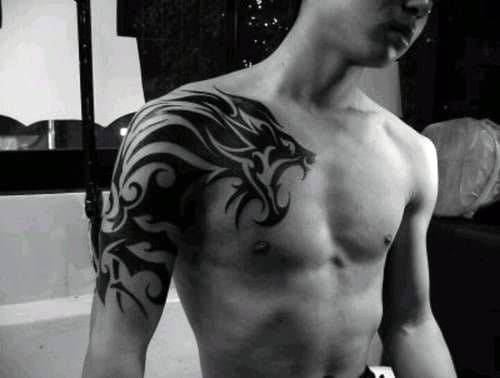 Guys Tattoos With Roaring Black Ink Lion Arm Animal Tribal Design
