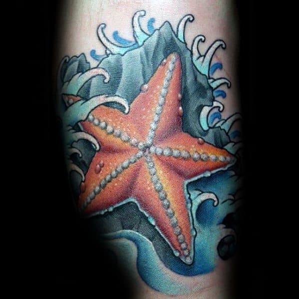 Guys Tattoos With Starfish Design On Leg