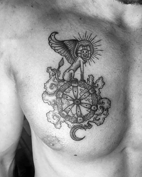 Guys Tattoos With Tarot Monkey With Ship Wheel Design On Chest