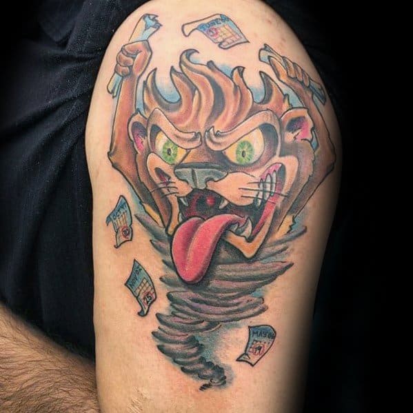 Guys Tattoos With Tasmanian Devil Design On Upper Arm