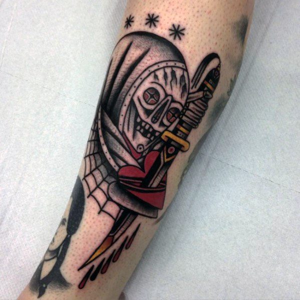 Guys Tattoos With Traditional Reaper Heart Dagger Design On Outer Forearm