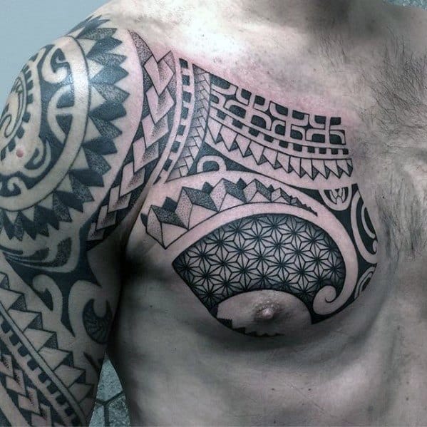 Guys Tattoos With Tribal Geometric Chest Design