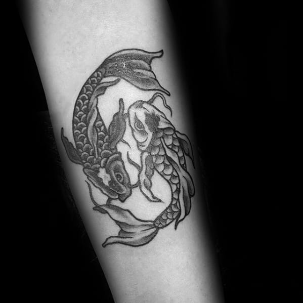 Guys Tattoos With Yin Yang Koi Fish Design On Forearm