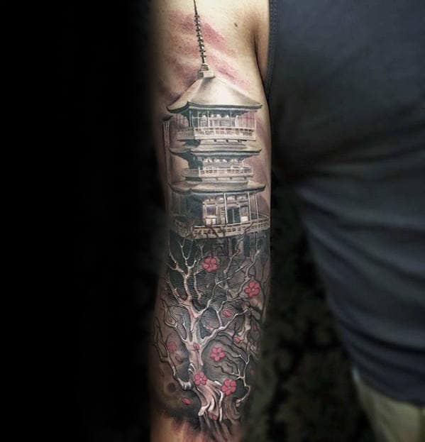 Guys Temple With Cherry Blossom Flower Japanese Back Of Arm Tattoos