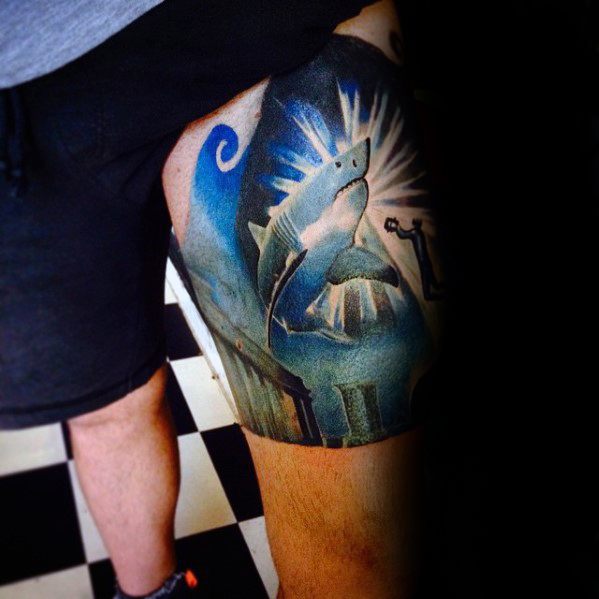 Guys Thigh Blue Shark Tattoos With Diver Design
