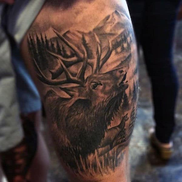 Guys Thigh Elk In Nature Antler Tattoo