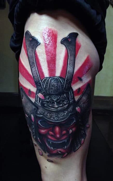 Guys Thigh Tattoo Of Samurai Mask With Rising Sun Flag Background