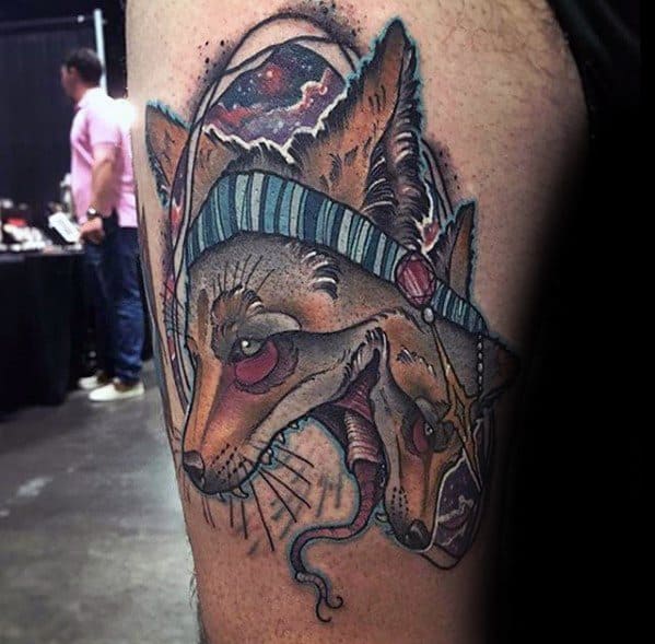 Guys Thigh Tattoos With Coyote Design