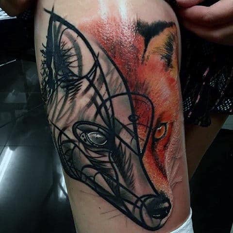 Guys Thighs Half Colored And Half Black Fox Tattoo