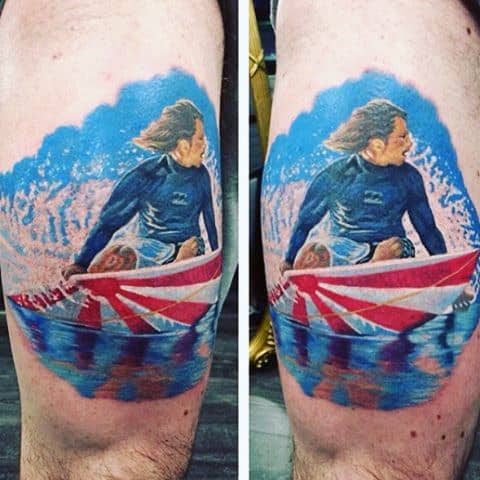 Guys Thighs Wind Blowing On Surfer Tattoo