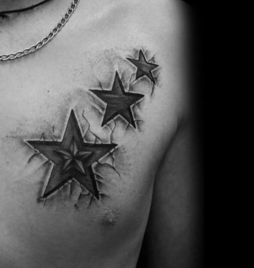 Guys Three 3d Star Tattoo Designs On Upper Chest