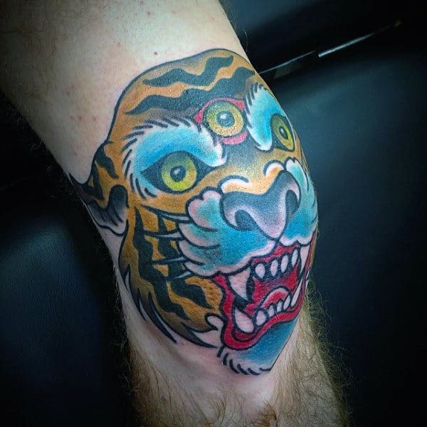 Guys Three Eyed Tiger Traditional Knee Tattoos