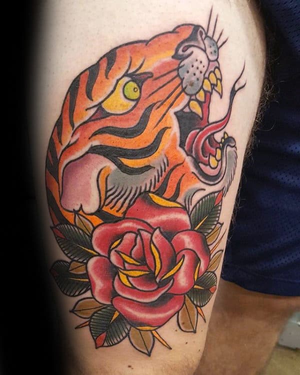 Guys Tiger With Rose Traditional Thigh Tattoos